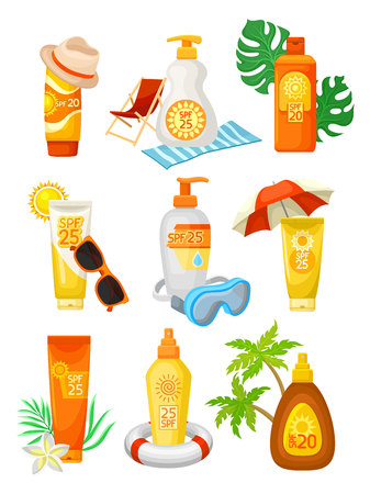 Set of bottles and tubes of sunscreen with different objects. Cosmetic products with SPF. Lotions and creams for skin protection. Elements for promo poster or banner. Isolated flat vector illustrationのイラスト素材