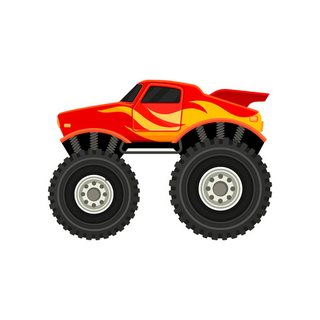 Flat vector icon of red monster truck with yellow-orange flame decal. Car with large tires, spoiler and black tinted windowsのイラスト素材