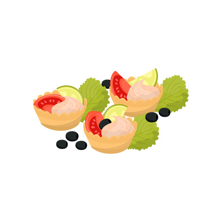Canape with tomato, cheese cream and lime, banquet snack vector Illustration isolated on a white background.のイラスト素材