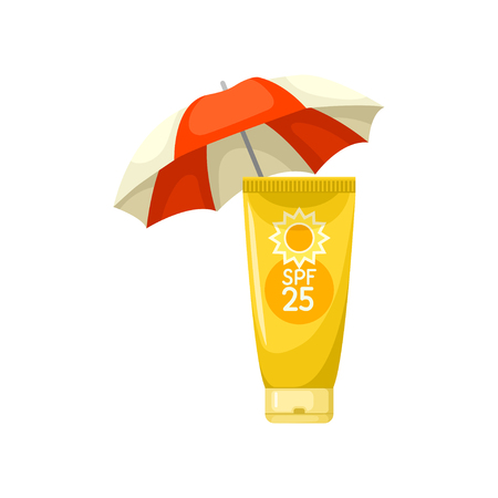 Sunscreen lotion tube and beach umbrella. Skin care and health theme. Graphic element for advertising flyer or poster of cosmetic product. Colorful flat vector design isolated on white background.のイラスト素材