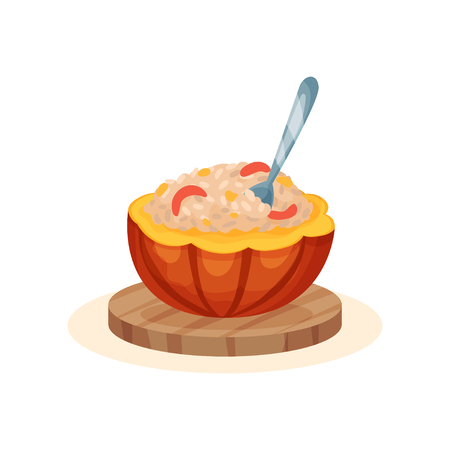 Porridge within the pot of a ripe pumpkin, organic healthy autumn food vector Illustration isolated on a white background.のイラスト素材