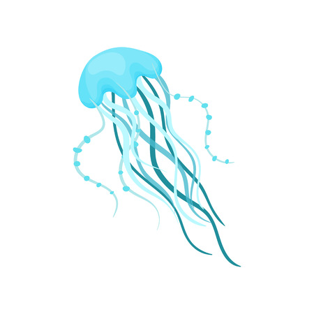 Beautiful blue jellyfish. Sea animal with long tentacles. Marine creature. Element for poster, children book or mobile game. Colorful vector illustration in flat style isolated on white background.のイラスト素材
