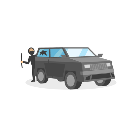 Robber in black mask broke window in gray auto. Criminal behavior. Car thief with crowbar. Flat vector designのイラスト素材