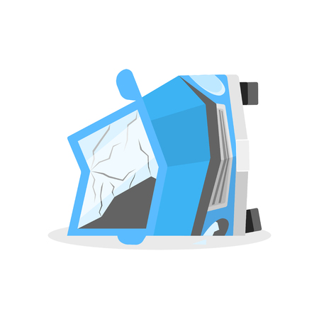 Broken car lies on its side after traffic accident. Auto with crumpled body and broken glass after crash. Wrecked automobile. Colorful vector illustration in flat style isolated on white background.のイラスト素材
