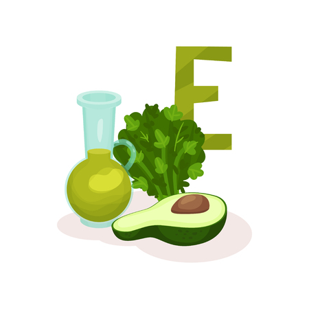 Illustration of parsley, avocado and bottle of olive oil. Organic products with lot of vitamin E tocopherol . Healthy food. Design for poster or brochure. Colorful flat vector isolated on white.のイラスト素材