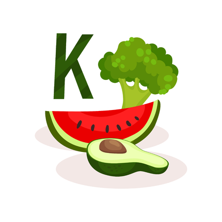 Illustration of vitamin K food sources slice of watermelon, half of avocado and broccoli. Organic and healthy products. Element for mobile app. Colorful flat vector icon isolated on white background.のイラスト素材