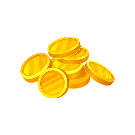 Heap of shiny golden coins. Money and finance theme. Graphic design for advertising poster or mobile application. Cartoon style illustration. Colorful flat vector design isolated on white background.のイラスト素材
