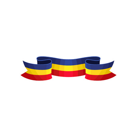 Decoration ribbon in color of Romanian tricolor. Bright blue-yellow-red flag. National symbols of Romania. State country sign. Colorful vector illustration in flat style isolated on white background.のイラスト素材