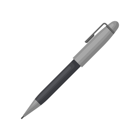 Illustration of gray ballpoint pen with cap. Office supply theme. Instrument used for writing and drawing. Graphic element for poster or banner. Vector icon in flat style isolated on white background.のイラスト素材