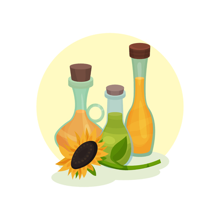 Natural rapeseed, sunflower and olive oil. Three glass bottles with liquids. Fresh cooking ingredients. Colorful graphic element for product advertising. Flat vector illustration isolated on white.のイラスト素材