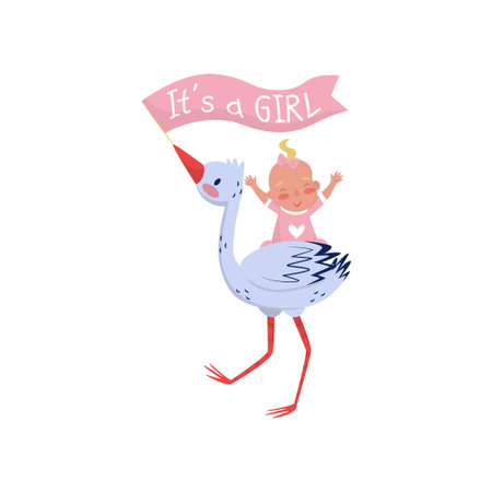 Stork Holding Flag In Beak And Cheerful Baby Girl On Back Bird