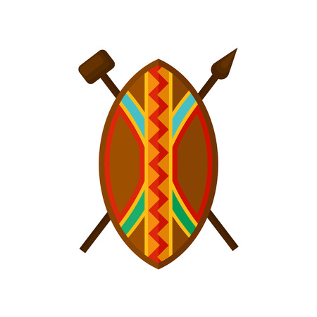 African shield, spear and hammer, authentic symbols of Africa with ethnic ornament vector Illustration isolated on a white background.のイラスト素材