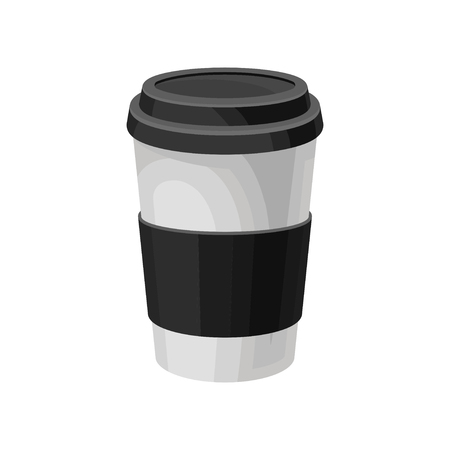 Paper coffee cup with black plastic lid, take away coffee packaging template vector Illustration isolated on a white background.のイラスト素材