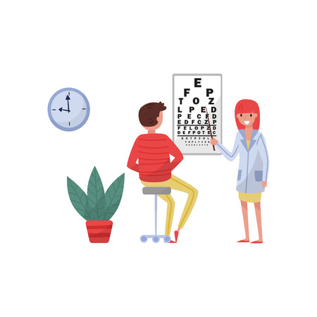 Ophthalmologist doctor doing eyesight test to male patient, medical treatment and healthcare concept vector Illustration isolated on a white background.のイラスト素材