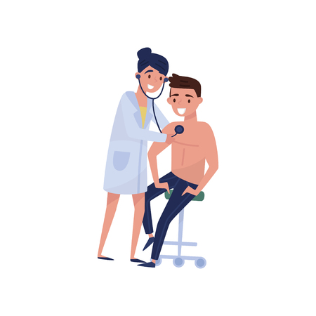Female therapist doctor examining male patient with stethoscope, medical treatment and healthcare concept vector Illustration isolated on a white background.のイラスト素材