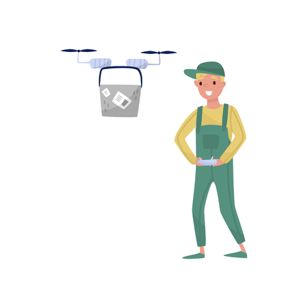Young man flying drone with remote control, fast delivery service vector Illustration on a white backgroundのイラスト素材