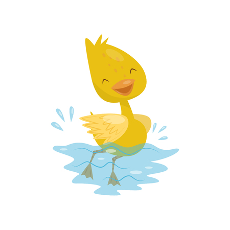 Cute little yellow duckling character swimming in the water vector Illustration isolated on a white background.のイラスト素材