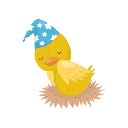 Cute little yellow duckling character in blue hat sleeping in the nest vector Illustration isolated on a white background.のイラスト素材