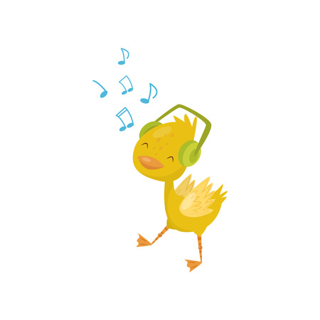 Cute little yellow duckling character listening music in headphones vector Illustration isolated on a white background.のイラスト素材