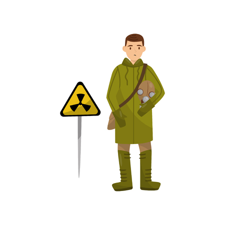Military man in protective clothing and gas mask standing next warning triangle sign of radiation hazard, environmental pollution problem vector Illustration on a white backgroundのイラスト素材