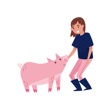 Girl standing next to pig, female farmer taking care of animal on farm vector Illustration isolated on a white background.のイラスト素材
