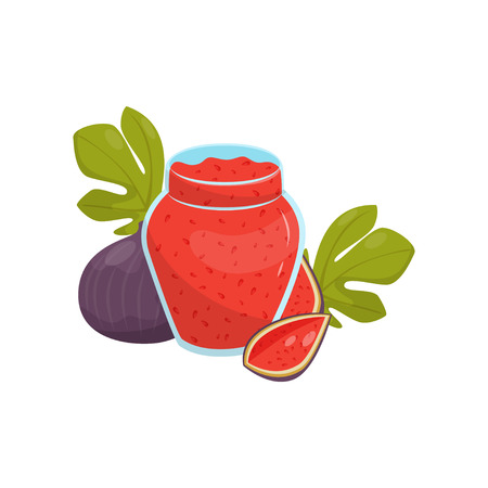 Glass jar of fig fruit jam vector Illustration isolated on a white background.のイラスト素材