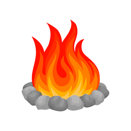 Burning bonfire with stones vector Illustration isolated on a white background.のイラスト素材