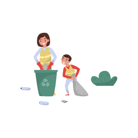 Mother and her son gathering garbage for recycling in trash bin, environmental protection and education concept vector Illustration isolated on a white background.のイラスト素材