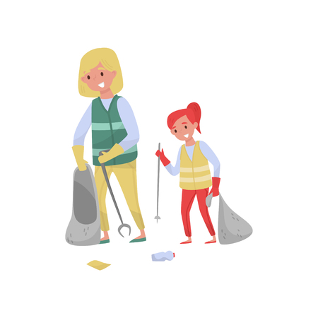 Mother and her dughter in vests gathering garbage and plastic waste for recycling vector Illustration, environmental protection and education concept isolated on a white background.のイラスト素材