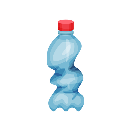 Cartoon icon of crumpled plastic bottle with red lid. Garbage theme. Graphic element for poster about environmental pollution. Colorful vector illustration in flat style isolated on white background.のイラスト素材