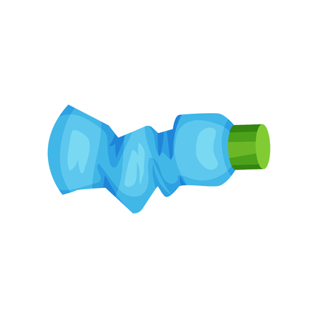 Illustration of crumpled bottle with green lid. Plastic garbage. Graphic element for poster about waste sorting and recycling. Cartoon style icon. Colorful flat vector isolated on white background.のイラスト素材
