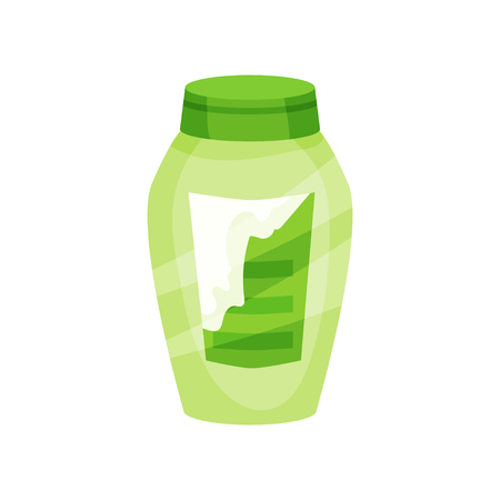 Illustration of bright green shampoo bottle with torn label. Plastic garbage for recycling. Trash sorting theme. Cartoon style icon. Colorful flat vector design isolated on white background.のイラスト素材
