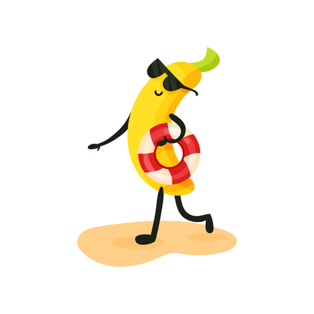 Funny banana in sunglasses walking on the beach with lifebuoy, tropical humanized fruit character spending time on the beach in summer holidays vector Illustration on a white backgroundの写真素材