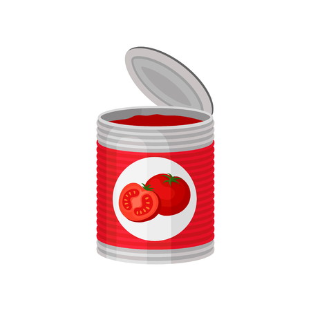 Open aluminum can of delicious tomato soup or paste. Canned food. Natural and tasty product. Graphic element for promo poster or banner. Colorful vector illustration in flat style isolated on white.のイラスト素材