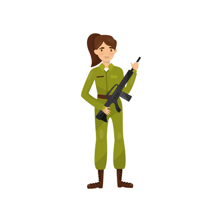 Female soldier in green camouflage uniform vector Illustration on a white backgroundのイラスト素材