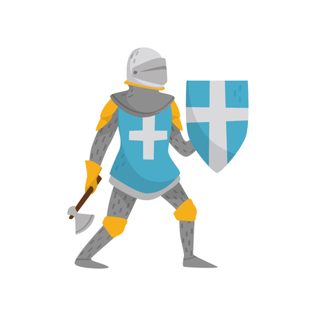 Medieval armored knight warrior character holding blue shield with white cross and axe vector Illustration on a white backgroundのイラスト素材