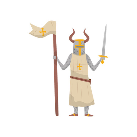 Medieval Templar armored knight warrior character with flag and sword vector Illustration on a white backgroundのイラスト素材