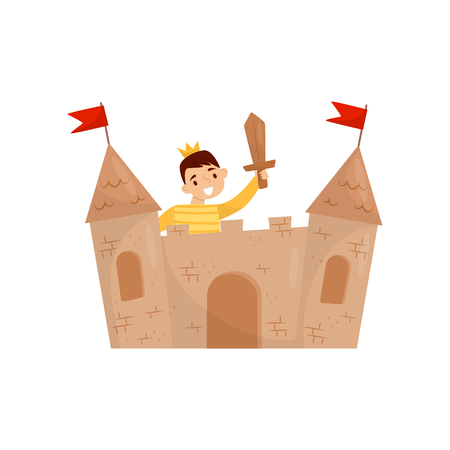Cheerful boy playing in castle made of cardboard boxes. Little medieval prince with golden crown and sword in hand. Flat vector designのイラスト素材