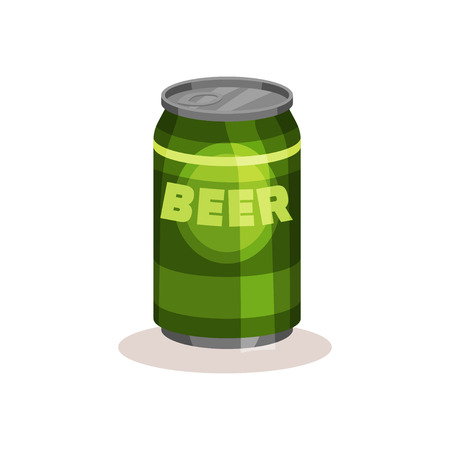 Beer in bright green aluminium can. Popular alcoholic beverage. Refreshing drink. Graphic element for advertising poster or banner. Colorful vector icon in flat style isolated on white background.のイラスト素材