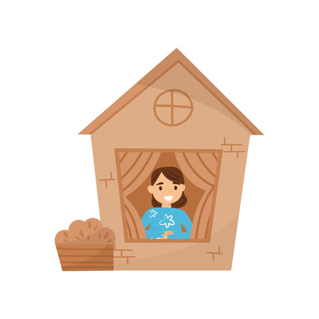Cute little girl playing in house made of cardboard boxes. Child sitting in playhouse. Leisure time. Flat vector designのイラスト素材