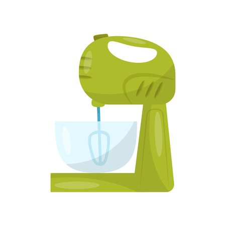 Green dough mixer with glass bowl. Bakery equipment. Modern kitchen appliance. Decorative graphic element for promo poster. Colorful vector illustration in flat style isolated on white background.のイラスト素材