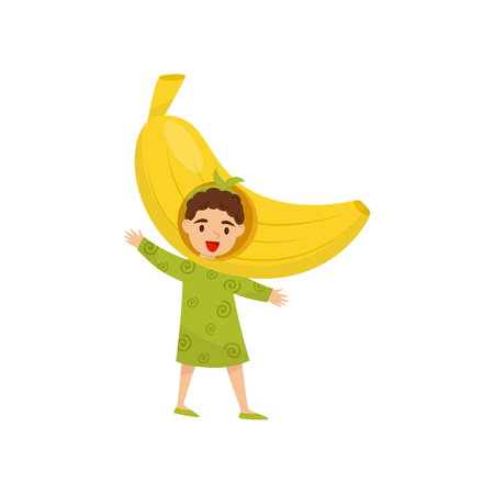 Cheerful child in headwear in form of yellow banana. Funny little girl dressed as fruit. Graphic element for poster or children book. Colorful flat vector illustration isolated on white background.のイラスト素材