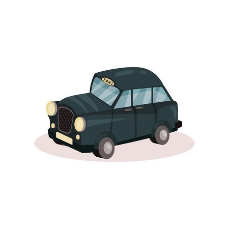 Cartoon illustration of London taxi. Classic black cab. Famous public transport in England. Graphic design for poster or book. Colorful vector illustration in flat style isolated on white background.のイラスト素材