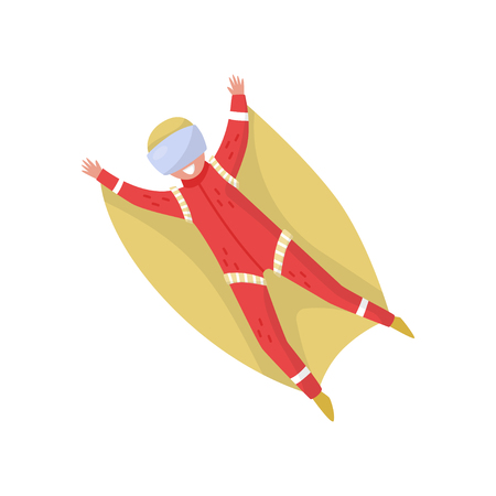 Illustration of wingsuit jumper in flight. Active recreation. Extreme sport. Cartoon character of young happy guy in protective goggles. Colorful flat vector design isolated on white background.のイラスト素材