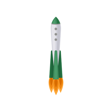 Large rocket with three engine fire. Spacecraft with small round window. Cosmos theme. Graphic element for video game. Cartoon style icon. Colorful flat vector design isolated on white background.のイラスト素材