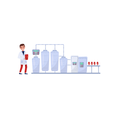 Cartoon illustration showing processing on milk factory. Automatic conveyor. Cheerful man controlling the production process. Dairy products theme. Colorful flat vector isolated on white background.のイラスト素材