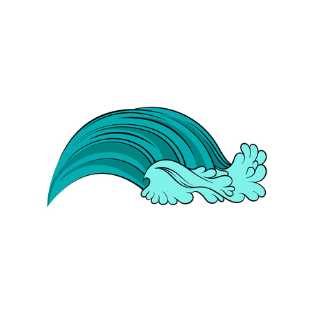 Big ocean wave with foam. Bright blue sea tide. Marine theme. Decorative graphic element for children book, greeting card or wall decor. Colorful vector illustration isolated on white background.のイラスト素材