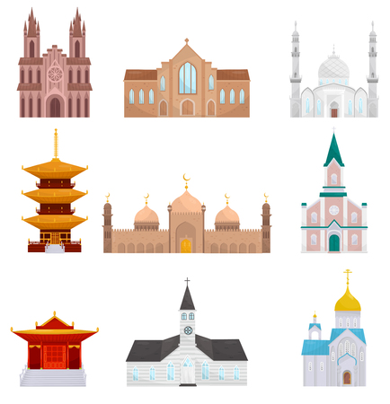 Religious buildings set, Islam, Buddhist, Christian religion temples vector Illustrations on a white backgroundのイラスト素材