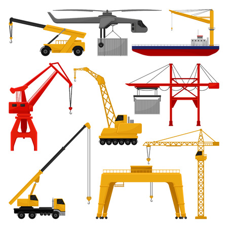 Set of different cranes. Mechanism for lifting and moving of objects. Hoisting equipment. Professional construction and loading machines. Colorful flat vector design isolated on white background.のイラスト素材
