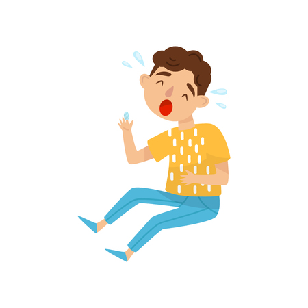 Loudly crying boy with bandage on his injured finger. Little kid suffering from pain. Cartoon child character. Sickness theme. Colorful vector illustration in flat style isolated on white background.のイラスト素材